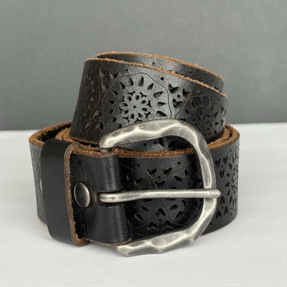 Lucky Brand Accessories - Lucky Brand Black Leather Laser Cut Floral Cutout Belt Boho Western Women's Sz L